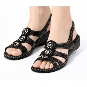 La Plume black leather croc embossed sandal with rhinestone 39